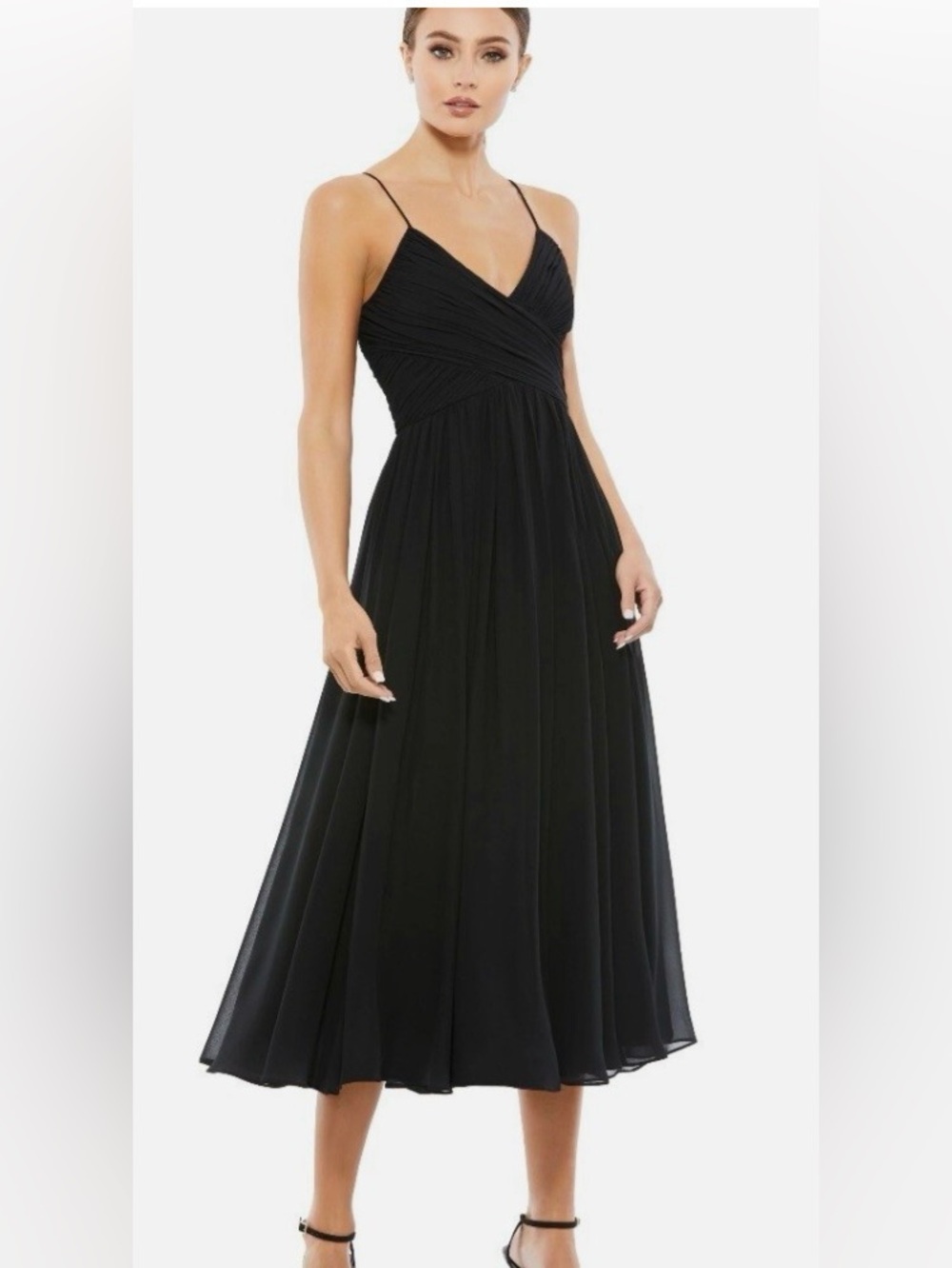 Mac Duggal Black V-Neck Ruched Bodice Midi Dress